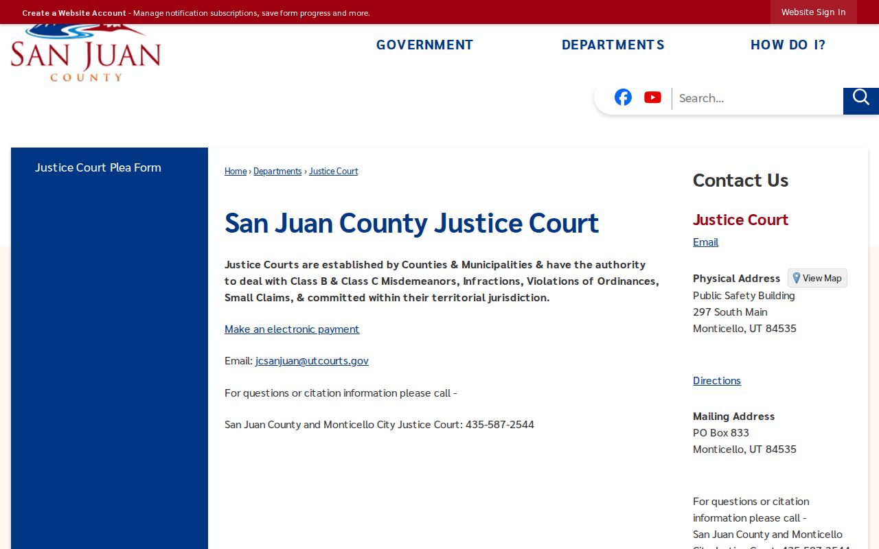 San Juan County Justice Court contact route for traffic and ordinance warrant records
