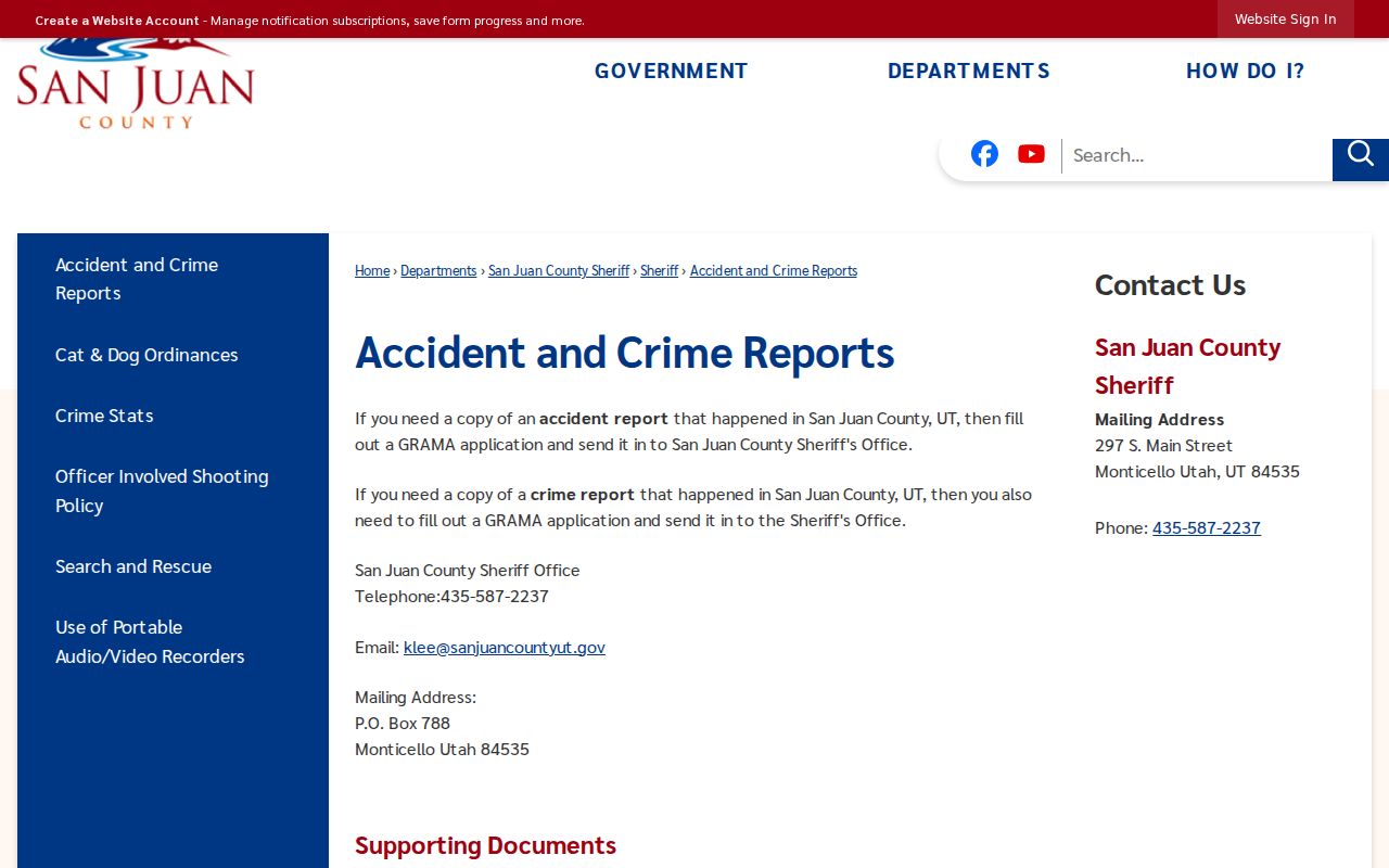 San Juan County Sheriff's GRAMA records request page