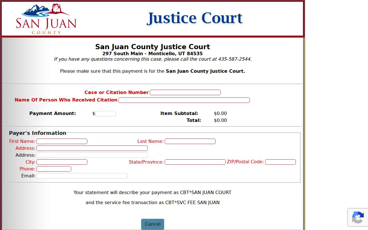 San Juan County traffic citation payment fields for the Justice Court