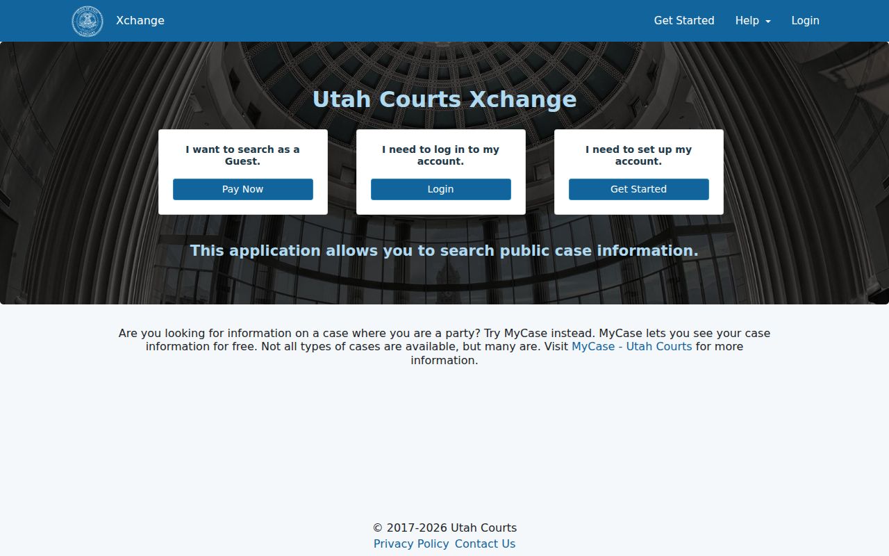 Official Utah Courts Xchange entry screen for public San Juan County case context
