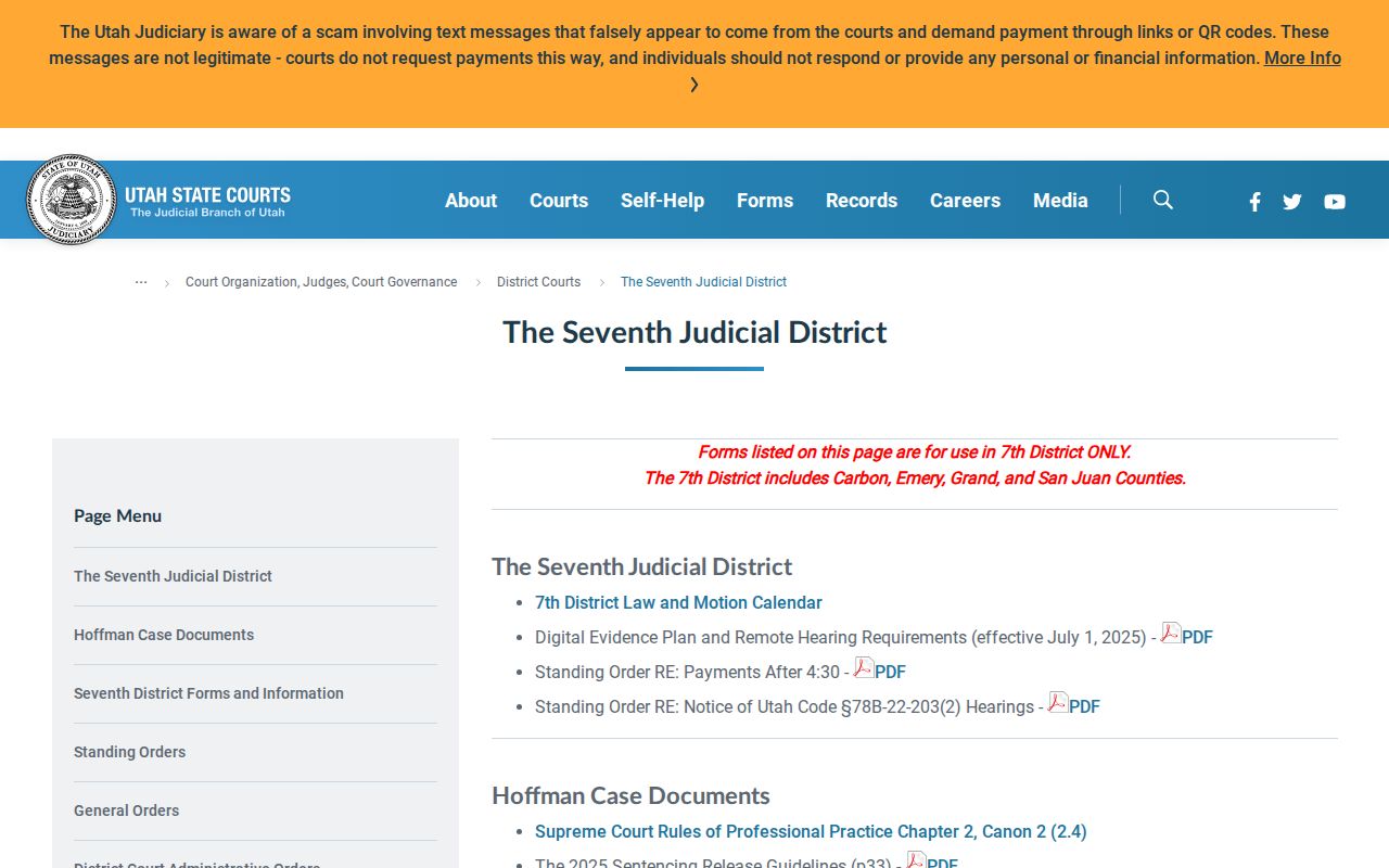 Utah Seventh District Court page serving San Juan County criminal matters