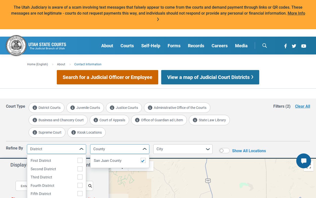 Utah Courts directory entries for San Juan County Justice and District Courts