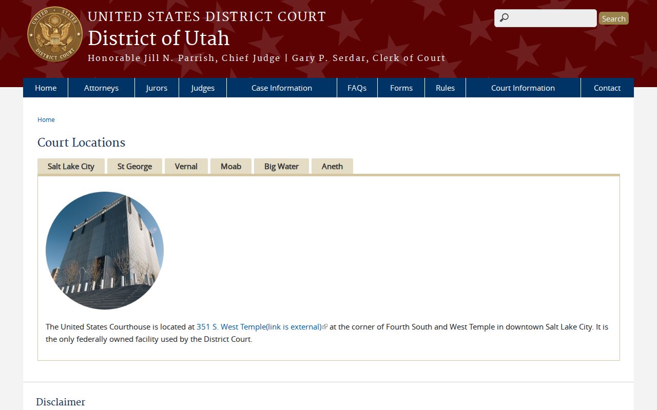 U.S. District Court of Utah locations for federal case routing near San Juan County