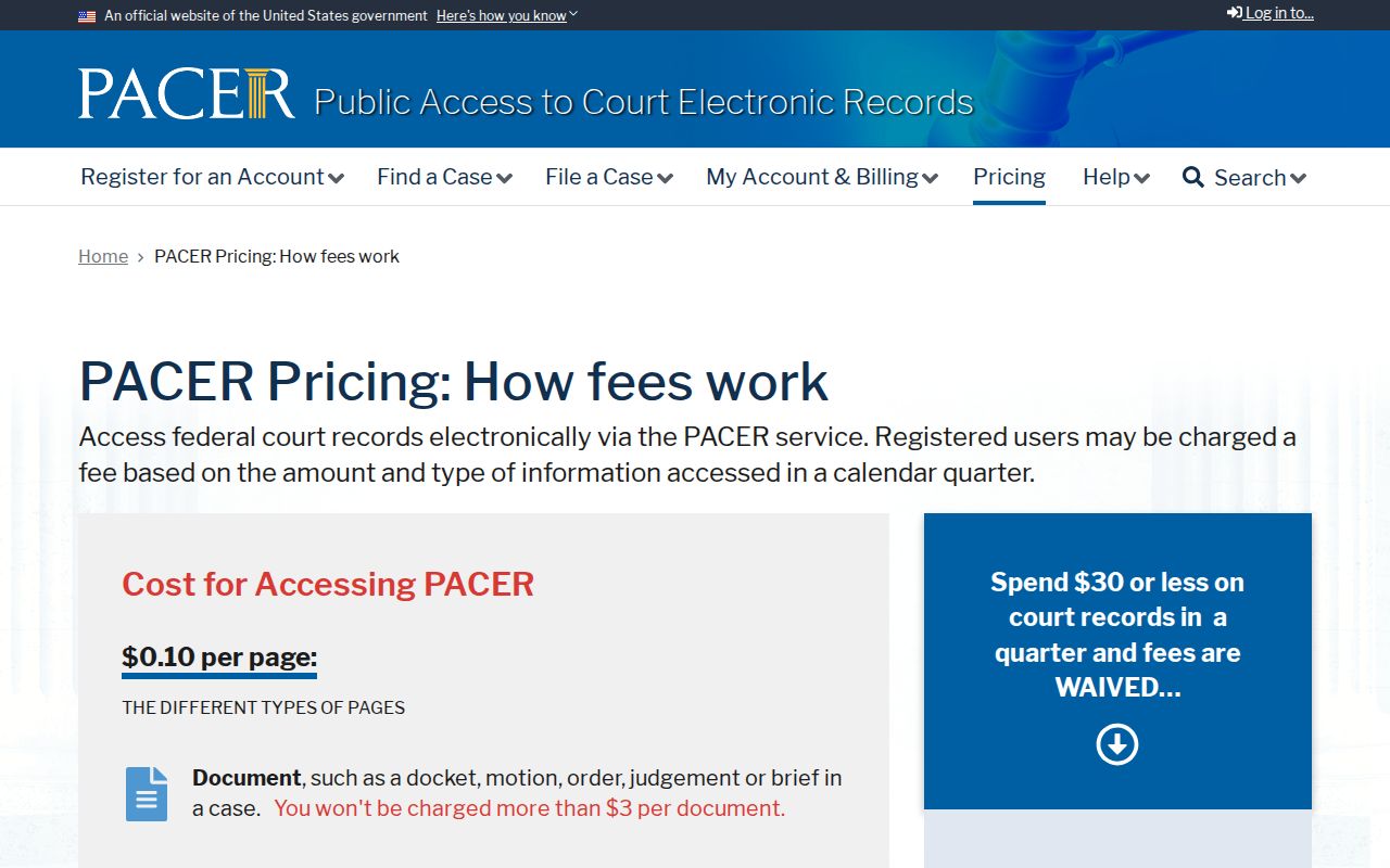 PACER federal court records fees for checking San Juan area arrest warrant cases