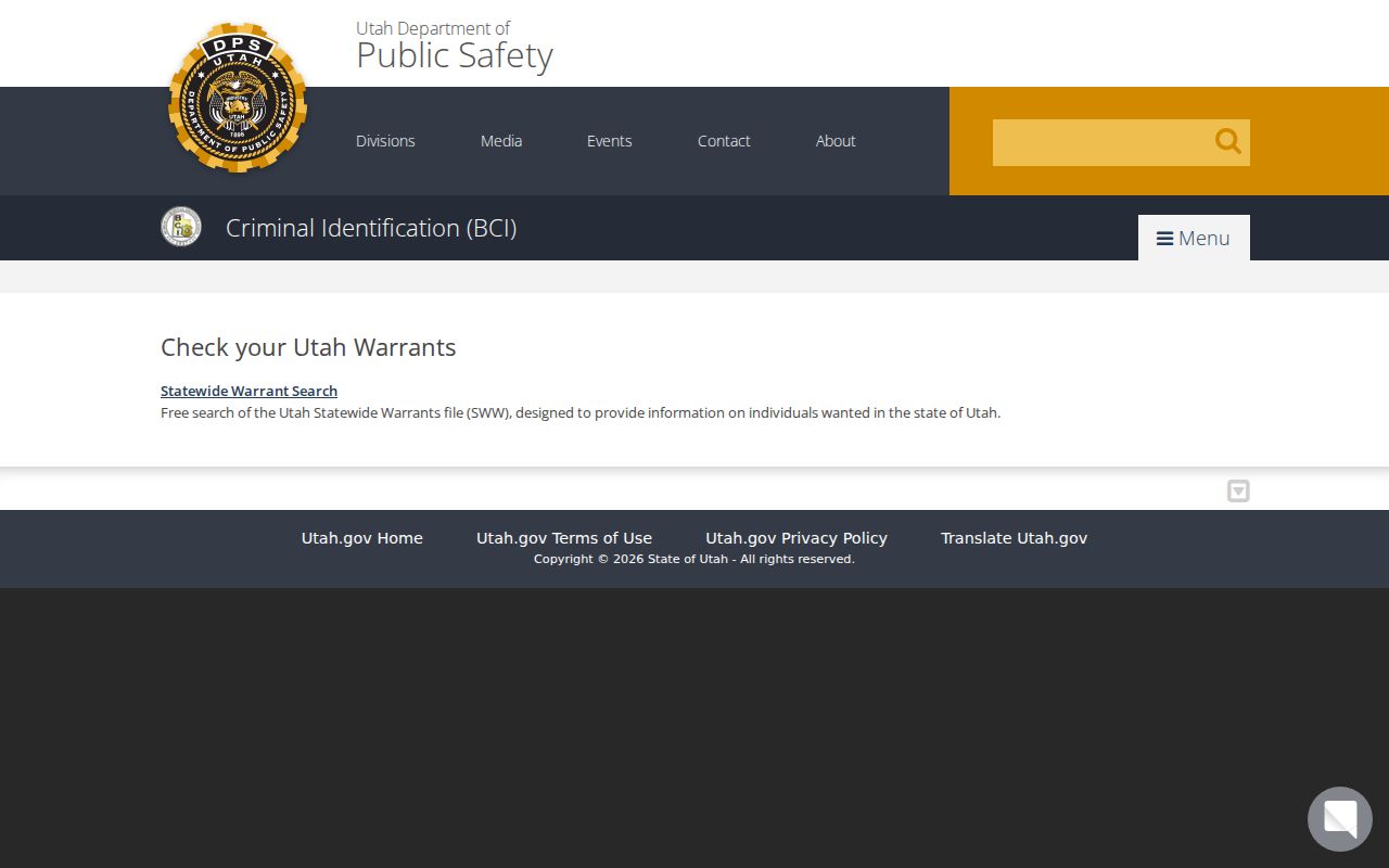 Utah BCI warrant search launch page for San Juan County checks