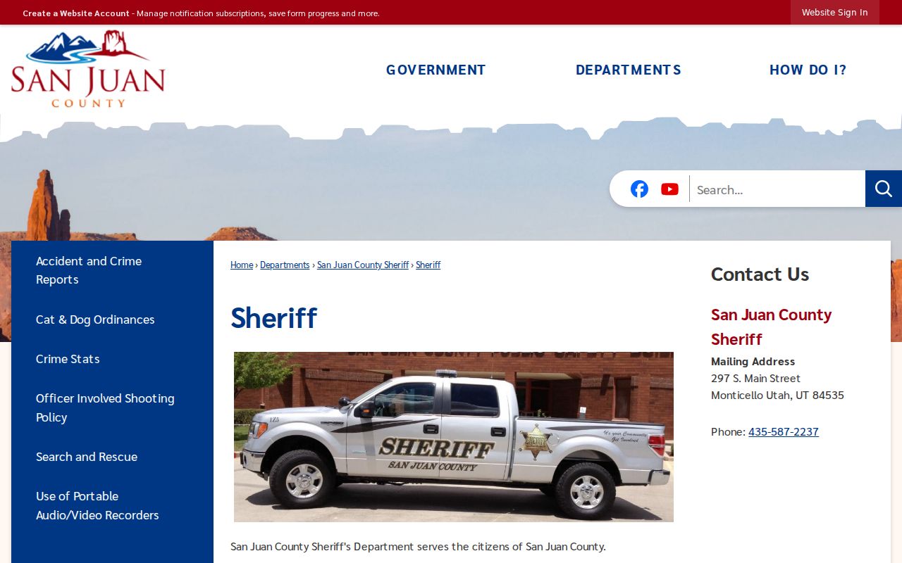 San Juan County Sheriff contact page for warrant custody and bail questions